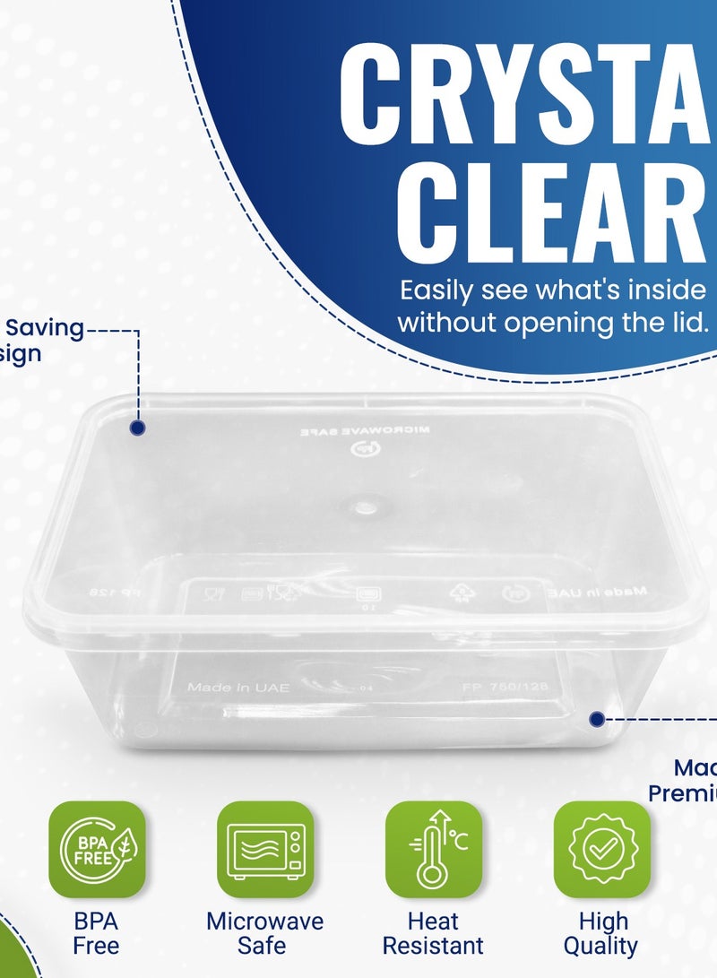 SNH Packing 50 Pack Clear Rectangular 750ml Microwave-Safe Food Containers with Lids Transparent Plastic Meal Prep and Food Storage Boxes Reusable Lunch and Takeaway Containers - Image 4
